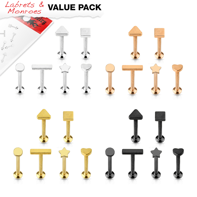 6 Pack of Assorted Shape Internally Thread Labret Monroe Piercing Stud